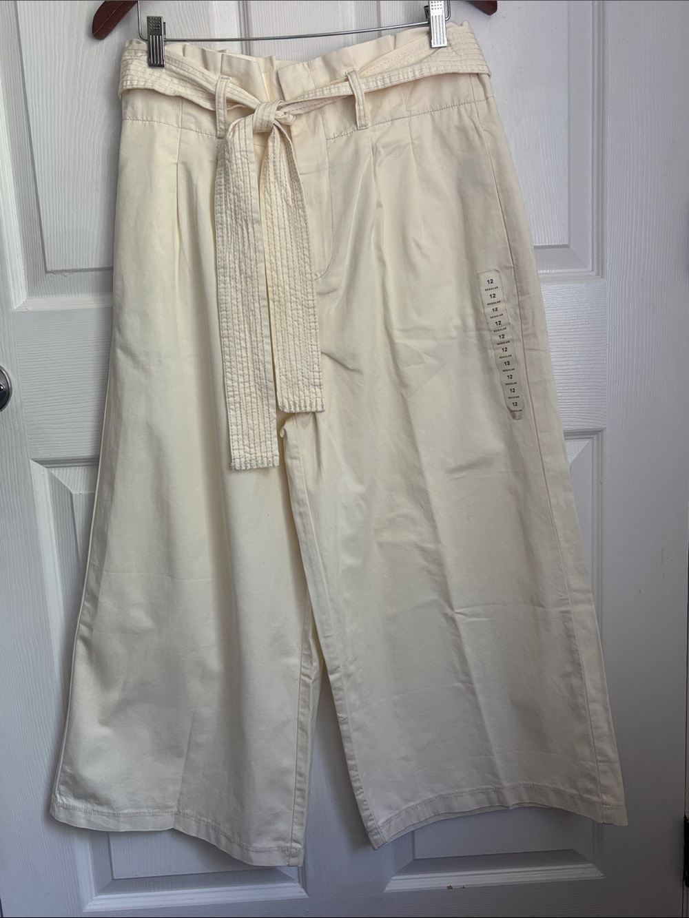 NEW AE Paper bag Highest Rise Waist Wide Leg Cream Cotton Trousers Tie Belt 12